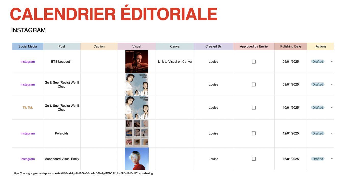Calendrier éditorial Instagram Sept Casting